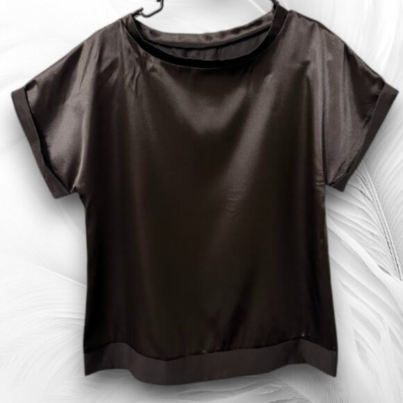 New Black Satin Lounge Set — Short Sleeve Top & Wide-Leg Pants Size: M - Picture 6 of 11